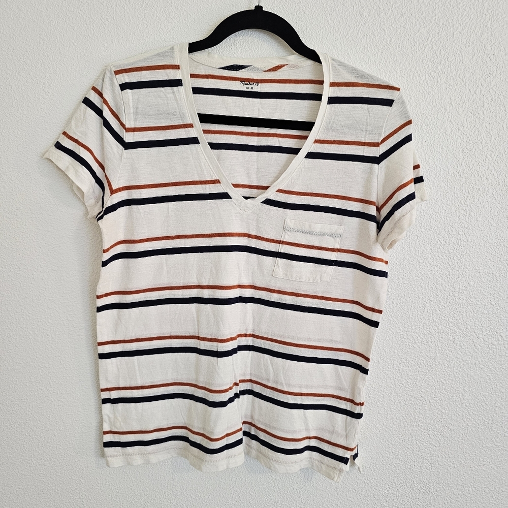 ✅️ Madewell Cotton V-neck Striped Pocket Tee | Size Medium